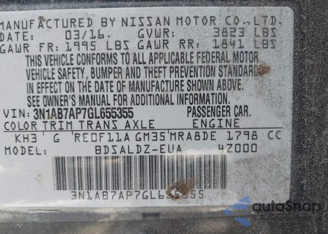 2016 Nissan Sentra Sv from USA, damaged, VIN 3N1AB7AP7GL655355